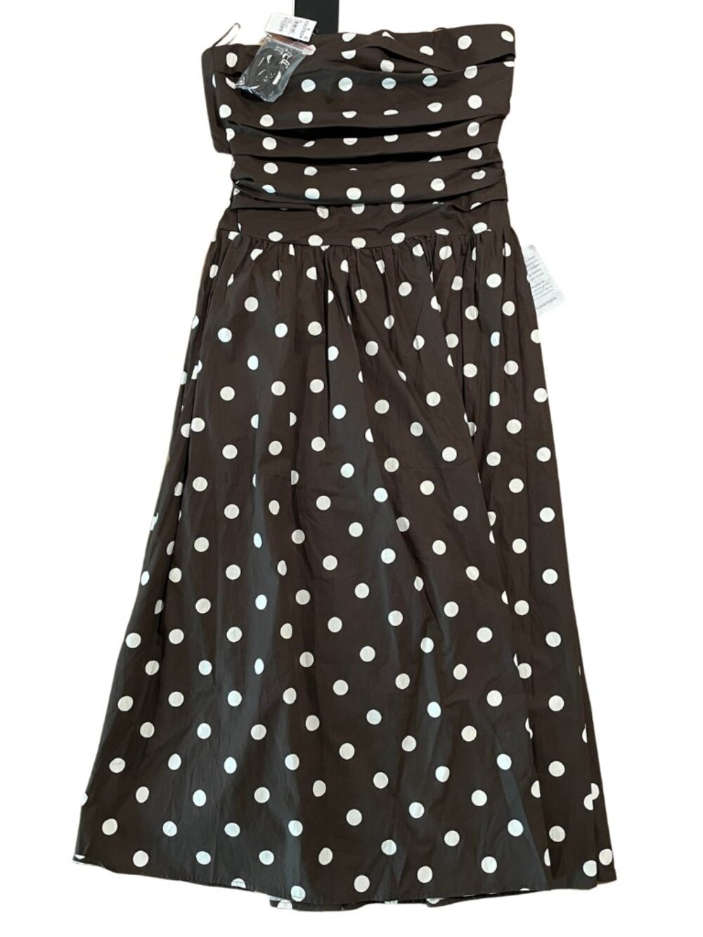 NWT En Saison Lainey Strapless Midi Dress in Brown Ivory Polka Dot, L